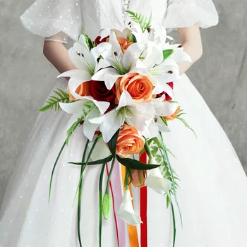 Нови сватбени букети цвят слонова кост, с orange лилия, Аксесоари за сватбени букети за шаферките