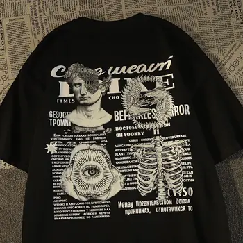 Памучен тениска с къси ръкави и принтом главата на скелета на американската улицата, свободен и универсален топ в стил хип-хоп с къс ръкав за мъже и жени