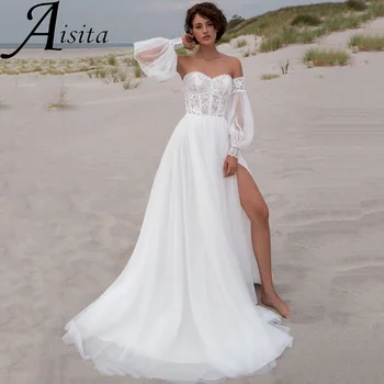Плажна сватбена рокля с цепка отстрани, ръкави, сватбена рокля в стил бохо, струята с отворен гръб, богемное Vestidos De Новия
