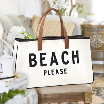 Плажна чанта, моля, холщовая чанта, бяла, 100% памук, с дръжки от естествена кожа, ежедневни чанти-тоут голям капацитет за жени