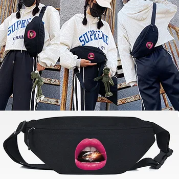 Поясная чанта, ежедневни функционална чанта, чанта през рамо Унисекс с розов принтом устата, модерна чанта през рамо, жените холщовая чанта, поясная чанта