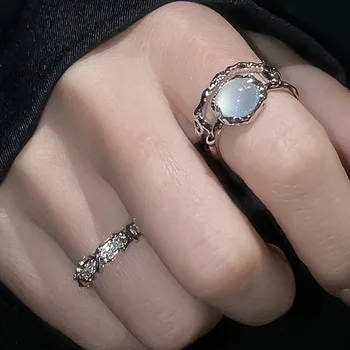 Пръстен с естествен камък с неправилна форма с бял опалом, эстетичные кухи пръстени Egirl за жени, модерен пръстен Y2K, креативни бижута за пръстите