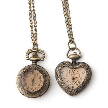 Реколта джобен часовник с малък циферблат, кварцов часовник за мъже, жени, прозрачен кехлибар сърцето, ключодържател, верижка, колие, часовници за дами, подарък