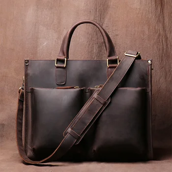 Ретро мъжки портфейл от естествена кожа, ежедневната тенденция чанта, голям чанта на рамото, джоб с цип за 14-инчов лаптоп, чанта за носене