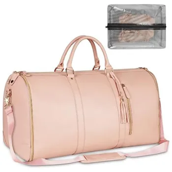 Розова кожена мъжка сгъваема чанта за костюм, бизнес пътна чанта с джоб за обувки, чанта от телешка кожа, чанта за багаж, чанта за костюми, дамски чанта