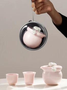 Розова Пътна експрес-чаша за къмпинг, преносима чанта за съхранение на открито, чай набор от кунг-фу, женски керамичен чайник