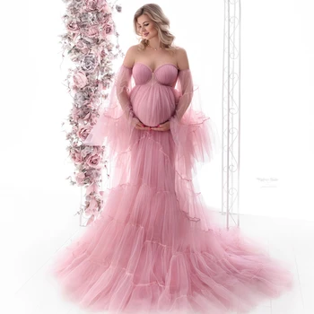 Розови халати за бременни с открити рамене фотография, рокли за бременни трапецовидна форма с вътрешен секси цепка отпред, детски халати за душ
