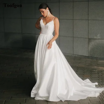Сатен сватбени рокли Toofgon трапецовидна форма с 3D цветя и бретельками под формата на кости, вечерни сватбени рокли с корсет на гърба си, елегантна женствена рокля на булката