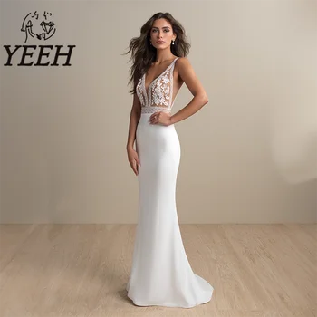 Сватбена рокля YEEH с кружевными апликации, илюзия сватбена рокля с V-образно деколте, елегантен рокля с отворен гръб, струята на 