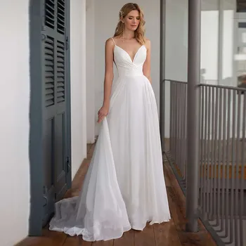 Секси сватбена рокля с отворен гръб 2023, шифоновые бретельки с дълъг влак, очарователен женски халат за баня в бял цвят, годишният прост дизайн