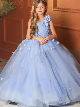 Скай-сини рокли с цветя модел за момичета, кривата на едното рамо с 3D цветен модел, сватбени рокли за партита и принцеса модно шоу