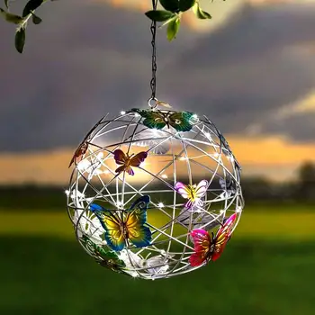 Соларни лампи, градински окачен слънчева светлина, открит слънчев водоустойчив топка-пеперуда, метална оплетка градински декоративни светлини