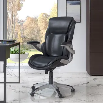 Стол за офис мениджъри на големи и висок размер, с активна облегалка от пяна с памет ефект, черна клееная кожа