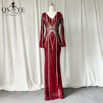 Тъмно-червени вечерни рокли с дълъг ръкав, V-образно деколте, блестящ, выцветающее, цветна рокля с пайети, Русалка, за бала, уникален модел женски вечерна рокля