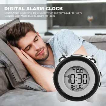 Цифров часовник с Аларма, Показване на Време и Дата Двоен Звънец, Много Силен за Здраво Спящи, Двоен Будилник със Синя Подсветка за тийнейджъри