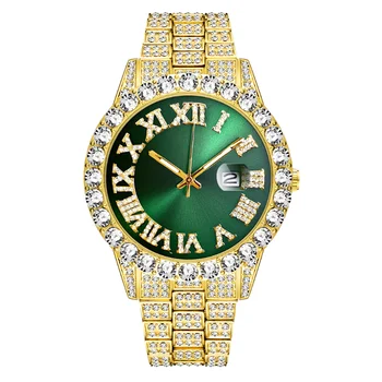 Часовник + гривна в стил хип-хоп, мъжки часовник с календар от неръждаема стомана златист цвят, покрити с лед, облицована с кристали, мъжки часовник Reloj Hombre