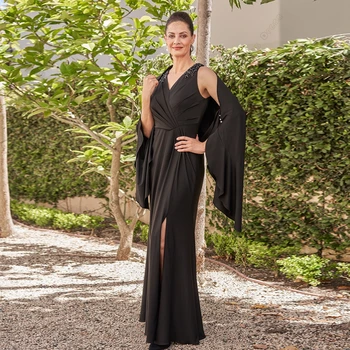Черни рокли за майката на булката с цепка отстрани без презрамки за сватба 2023, ново сватбена рокля свързани с шал яка подпора, Vestido De Noche