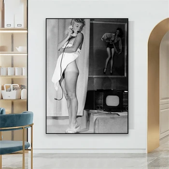 Черно-бял арт плакат с принтом Мерилин Монро, реколта актриса, певица, секс, стенно изкуство, минималистичное украса за дома баня