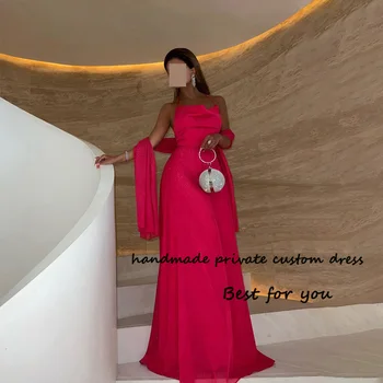 Ярко розови вечерни рокли трапецовидна форма за жени с бретельками на спагети презрамки в Дубай и Арабия, вечерна рокля с влак, дълги рокли за абитуриентски бал