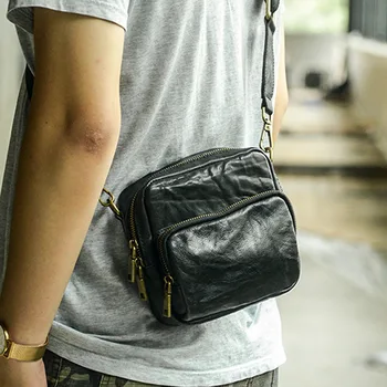 AETOO Чанта за мобилен телефон от кожата растително дъбени, мъжки мини чанта, проста поясная чанта през рамо от телешка кожа, ръчен багаж с едно рамо, ре