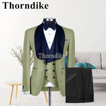 Thorndike Тенденция Нов Всекидневен Стил Мъжки Костюм По Поръчка Каки Зелен Сватбен Костюм на Младоженеца Модерен Блейзър от 3 теми