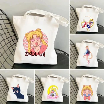 Аниме Момиче Карикатура Сладък Котка Sailor Moon Дамски Холщовая Чанта През рамо Harajuku Чанта-Тоут Еко Купувач Множество Памучен Чанта За Пазаруване