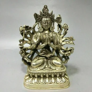 Античен порцеланов сребърен 18-оръжеен Авалокитешвара статуи на богинята Гуан Ин Клан-ин