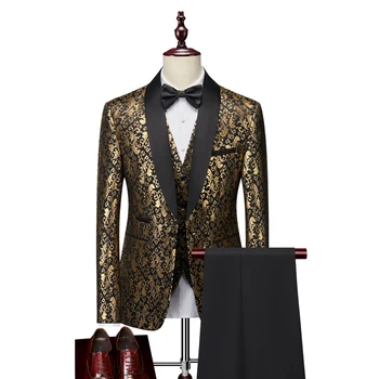 Мъжки луксозен златен жаккардовый костюм, комплект от 2 теми, бизнес рокля за банкет, 2023, нови модни сватбени костюми за мъже
